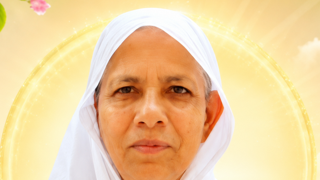 Portrait of a woman wearing a white hijab, with a golden halo-like glow behind her.