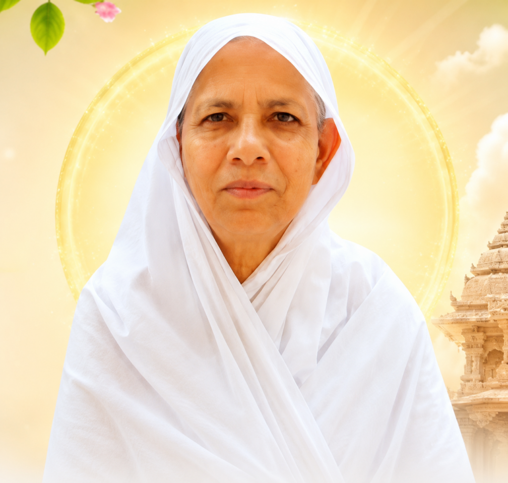 Portrait of a mature woman in a white headscarf and robe, standing before a glowing golden halo and temple in a serene spiritual setting.