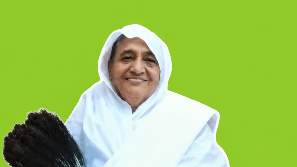 Smiling elderly woman in a white headscarf and robe, holding a broom against a lime green background.