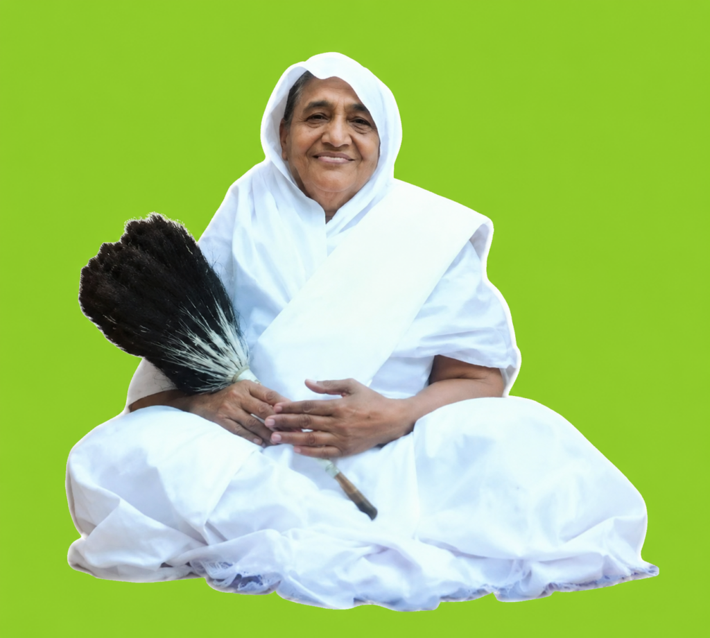 Smiling elderly woman in white traditional clothing sits cross-legged, holding a broom, against a bright green background