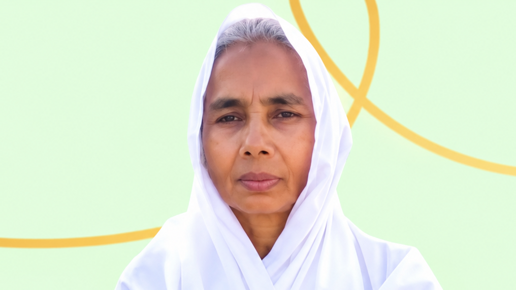 Portrait of a woman wearing a white headscarf looking at the camera against a pale green background with orange curves