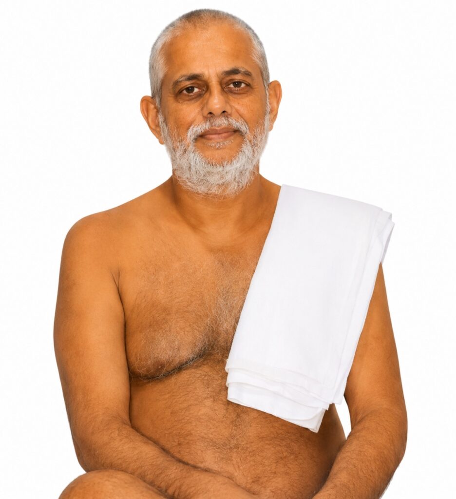 Older man with a gray beard and short gray hair, bare chest, white cloth draped over his left shoulder, looking at the camera with a calm expression.