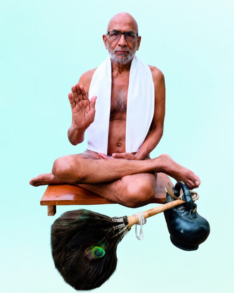 Senior man with glasses sits cross‑legged on a wooden bench, one hand raised in blessing, white scarf draped over shoulders; a broom and kettle hang below.