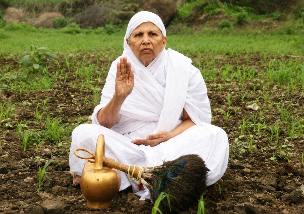 Person in white traditional robes sits cross‑legged in a field, raising one hand in blessing beside a brass kettle and ceremonial broom.