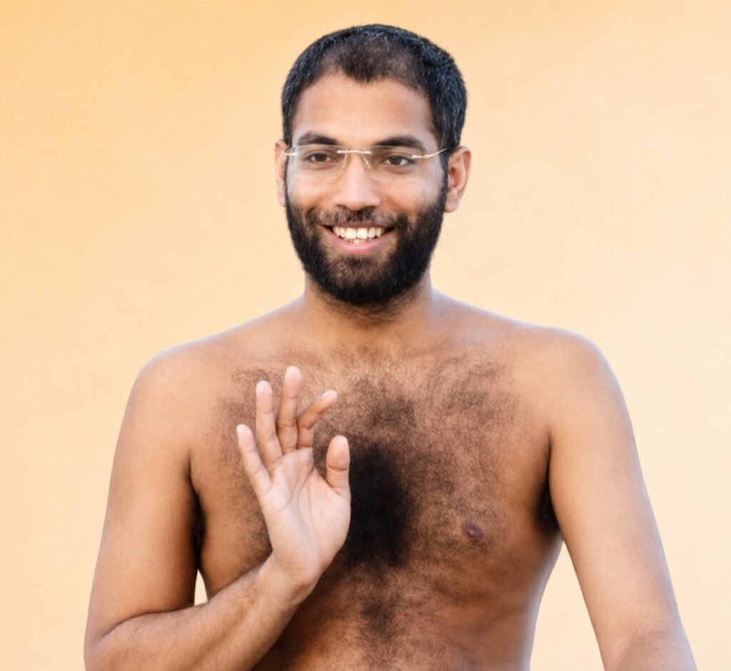 Smiling man with glasses and beard, shirtless, waving hello against a warm beige background.