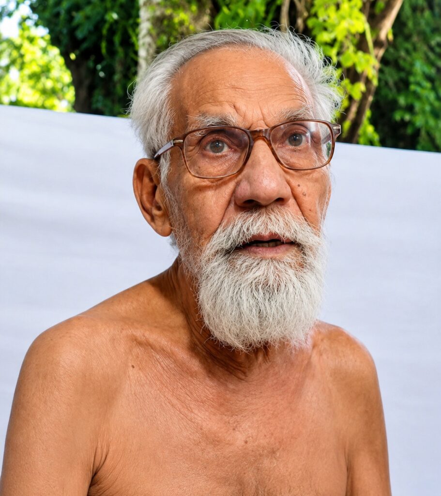 Close-up of an elderly man with gray hair and beard, wearing glasses, outdoors with greenery behind him.