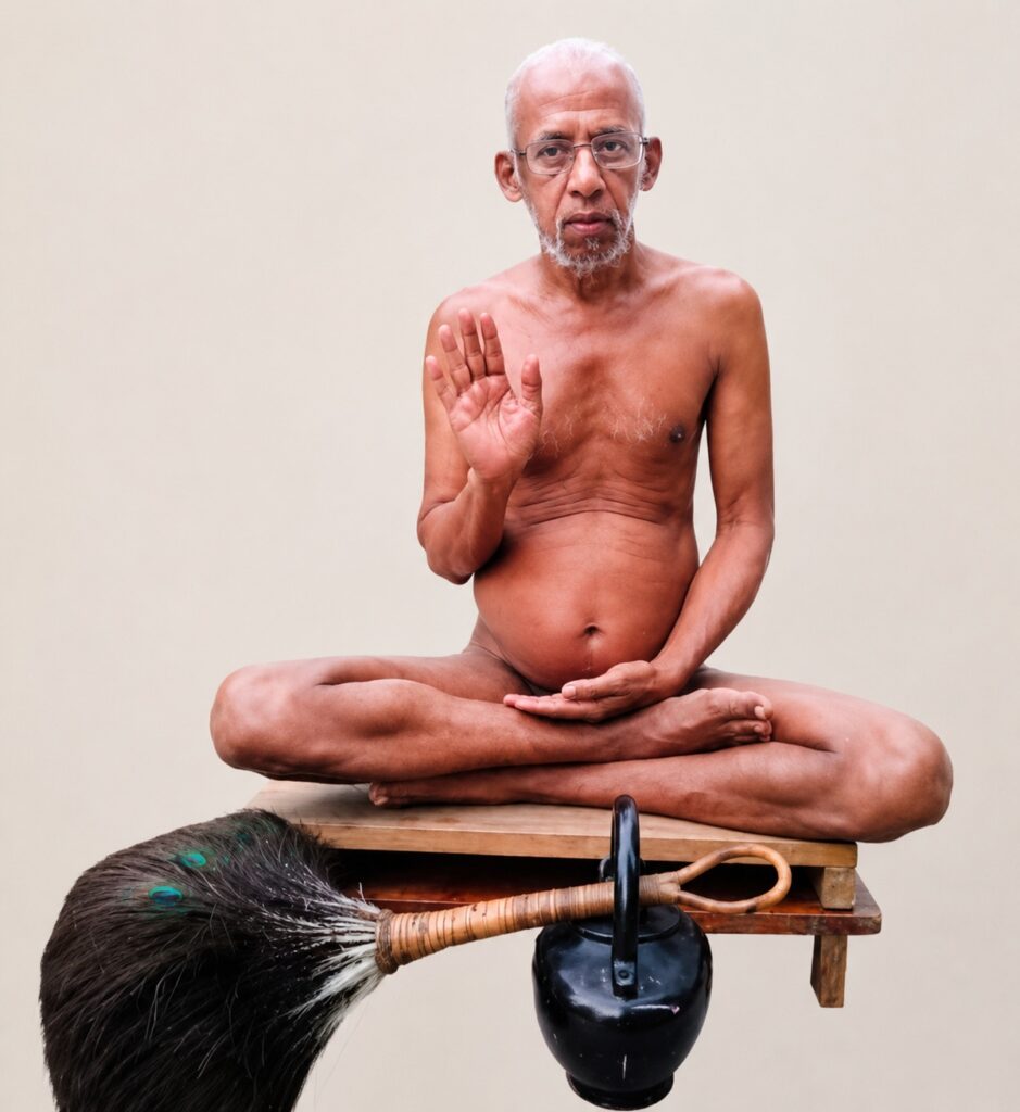 Shirtless elderly man meditating cross‑legged on a wooden platform, right hand raised in a blessing gesture, with a large broom and kettle beneath the platform in the foreground.