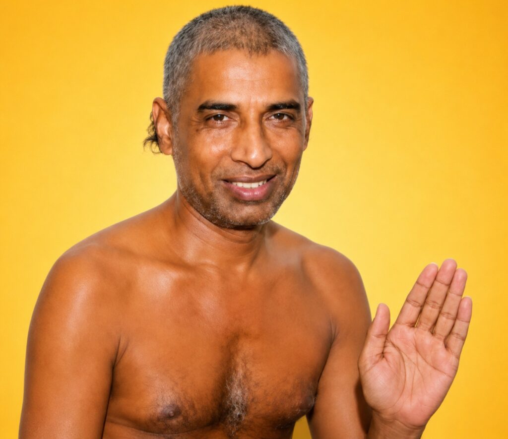 Smiling man with short gray hair, shirtless, waving hello against a yellow background.