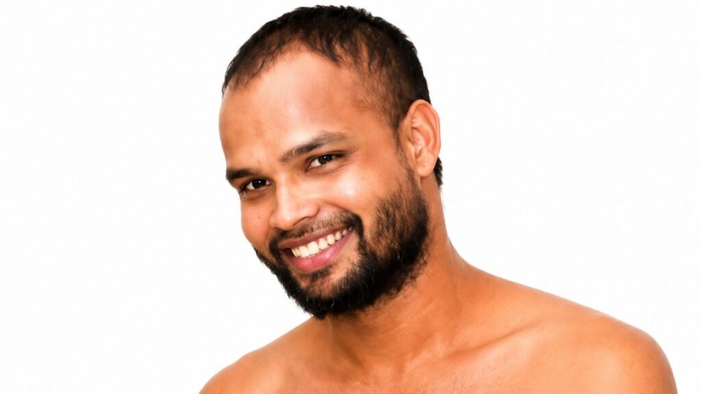 Smiling man with short dark hair and a beard, bare shoulders visible against a white background.