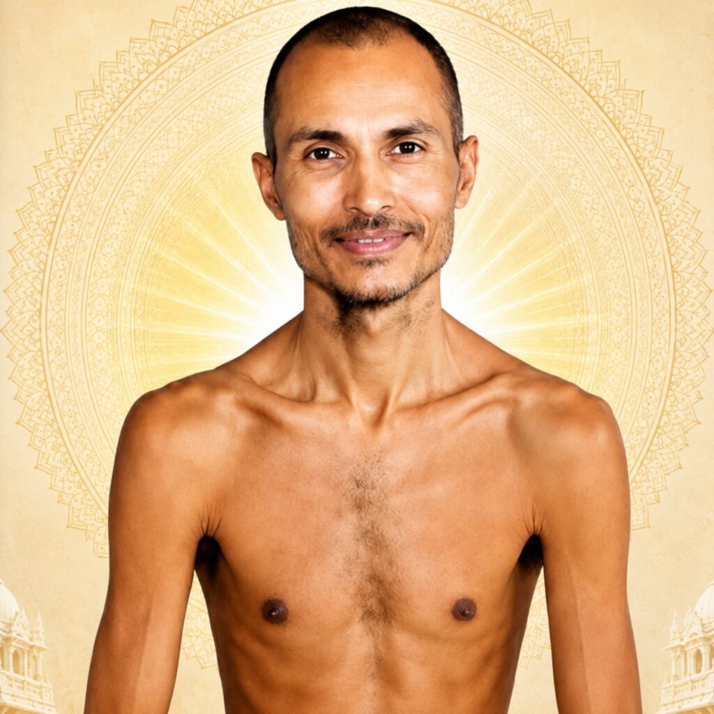 Smiling shirtless man with a glowing golden mandala halo behind him, suggesting meditation or mindfulness.