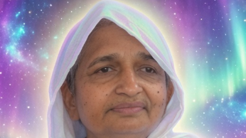 Portrait of a woman wearing a white shawl, smiling slightly, with a vibrant aurora-like background.