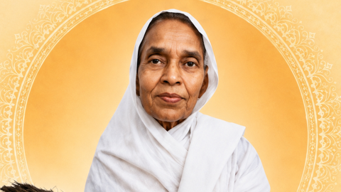 Portrait of an elderly woman in a white headscarf against a gold ornamental background.