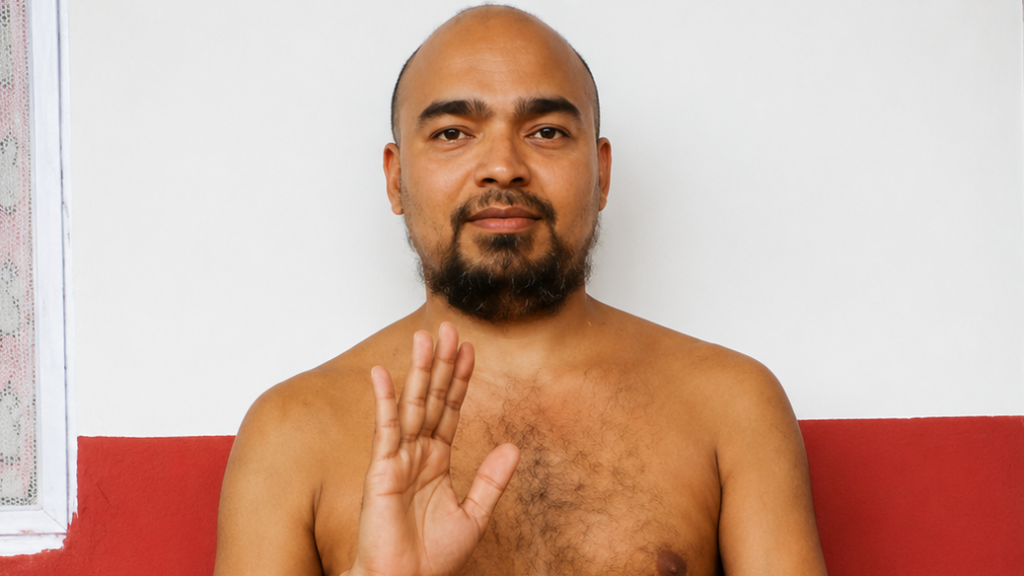 Bearded topless man facing the camera and raising his right hand in a stop gesture against a white wall with a red lower stripe.