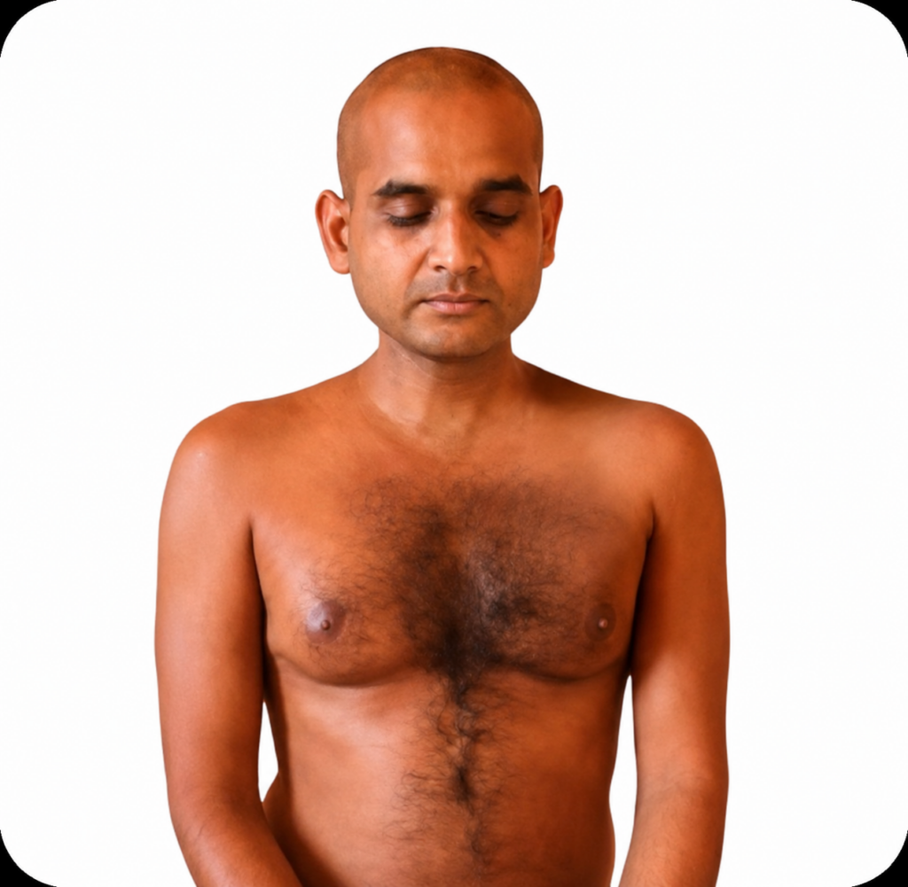 Shirtless man meditating with eyes closed against a white background.