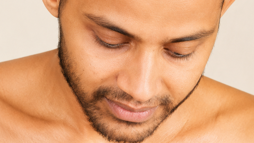 Close-up portrait of a shirtless man with a trimmed beard, looking downward.