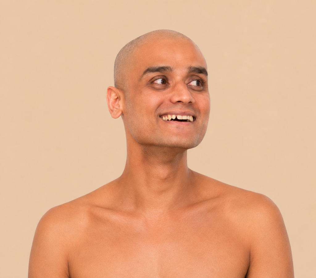Bald man smiling while looking to the right, with bare shoulders against a beige background.