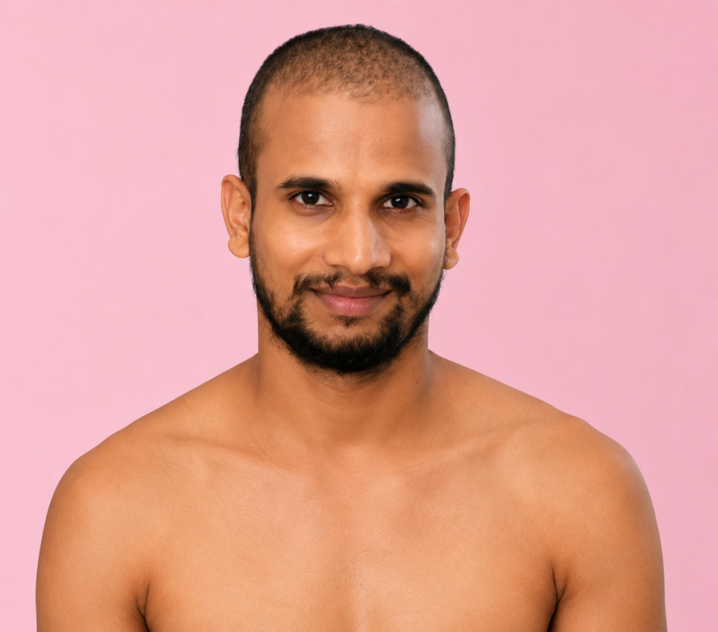 Portrait of a man with short hair and beard smiling at camera, bare shoulders, pink background.