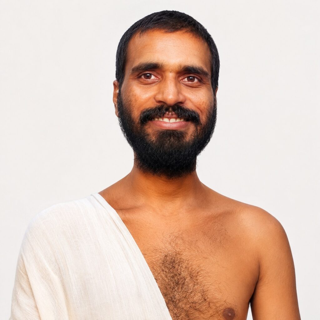 Smiling man with a full beard and short dark hair, wearing a white one-shoulder garment against a light background.