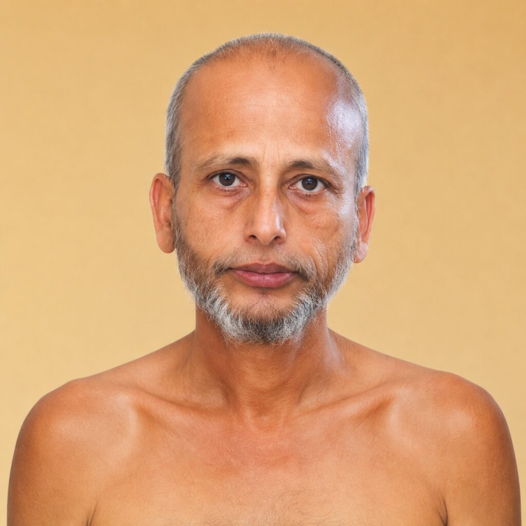 Portrait of a middle-aged man with a gray beard, bare shoulders, against a warm beige background.