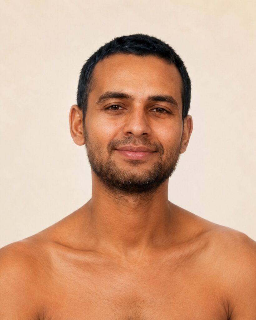 Close-up portrait of a smiling man with short black hair and stubble, bare shoulders, beige background.