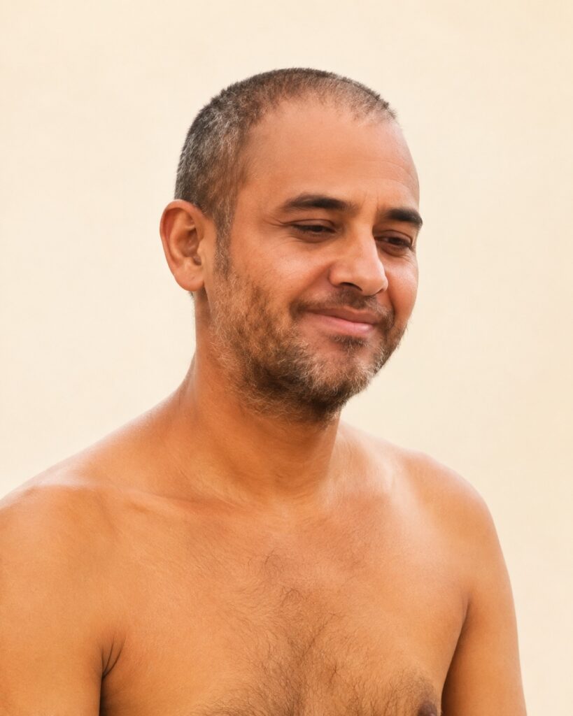 Smiling man with short dark hair and stubble, shirtless, against a pale beige background.