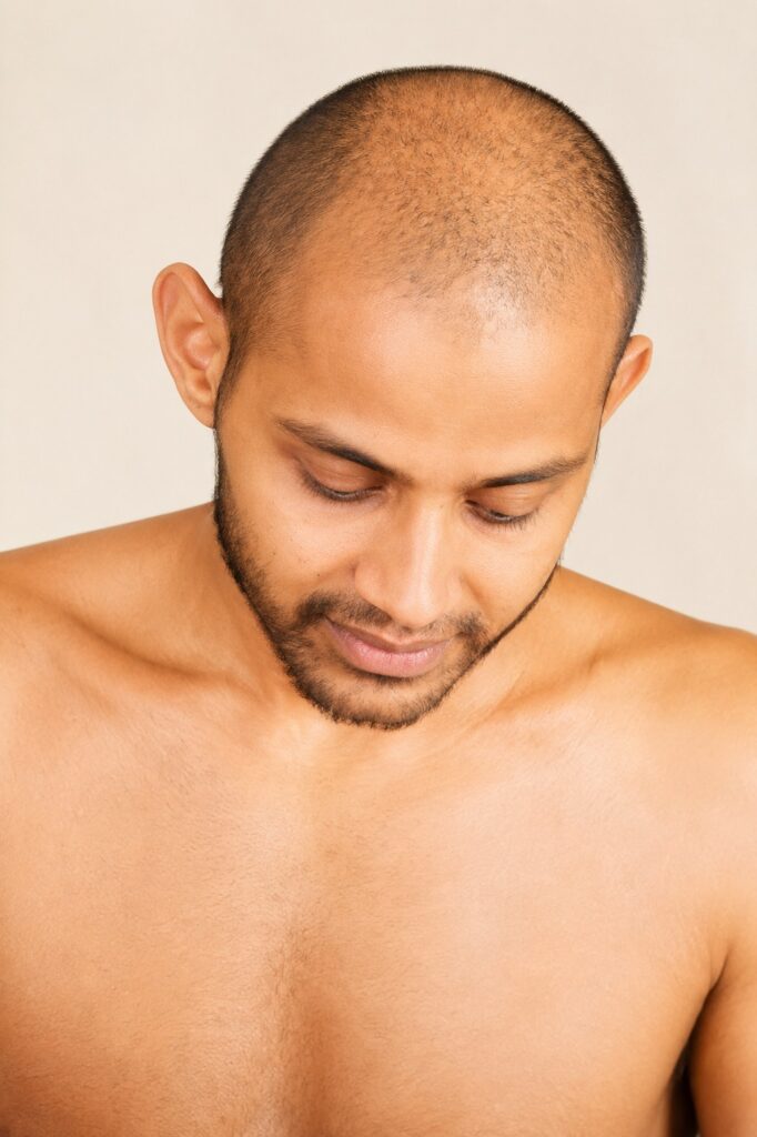 Portrait of a shirtless man with a shaved head and short beard, looking downward to his left side.
