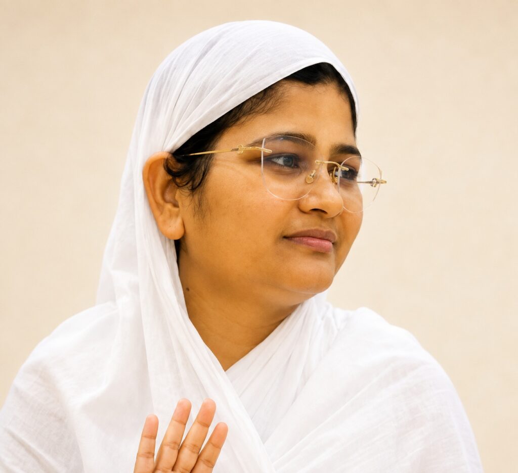 Woman in a white hijab and gold-rimmed glasses looks to the right with a calm smile, hand raised slightly in front.