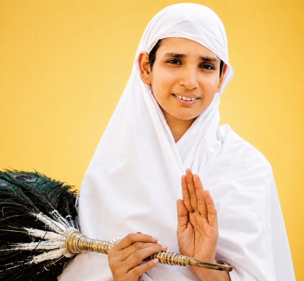 Person wearing a white headscarf and robe, smiling, holds a large ceremonial feather broom with one hand raised in greeting against a yellow background.