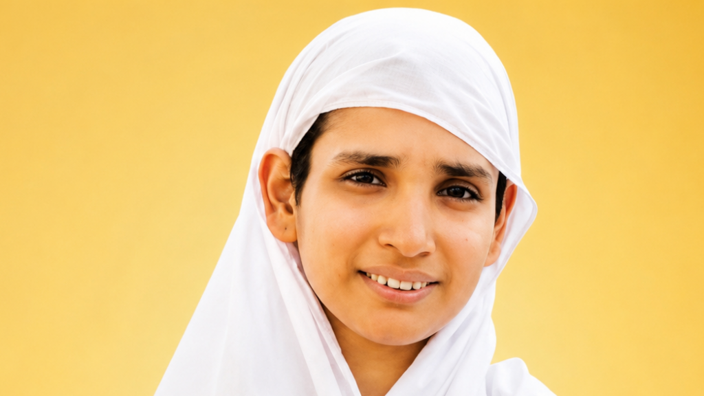 Close-up portrait of a smiling person wearing a white hijab against a warm yellow background.