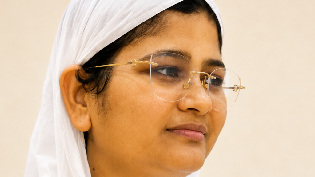 Close-up of a woman in a white hijab wearing round gold-rimmed glasses, looking to the right.