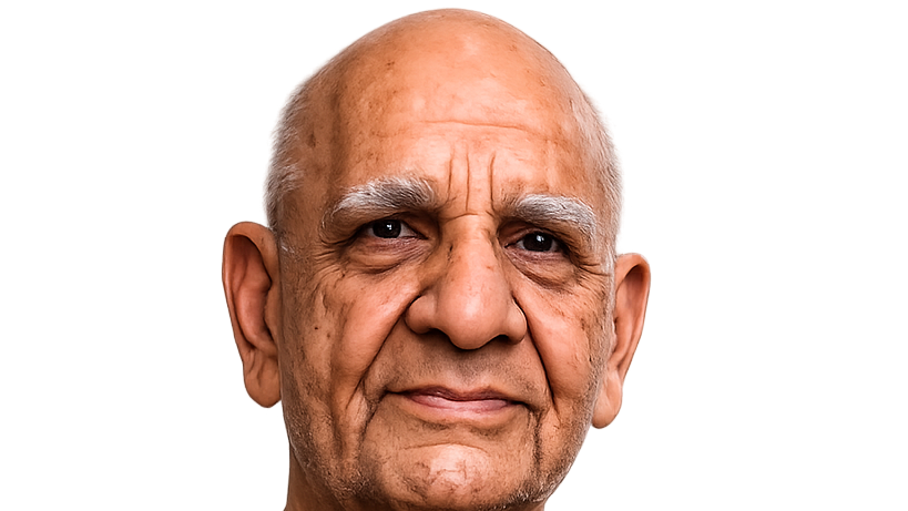 Close-up portrait of an older man with a balding head and white eyebrows, smiling gently at the camera.