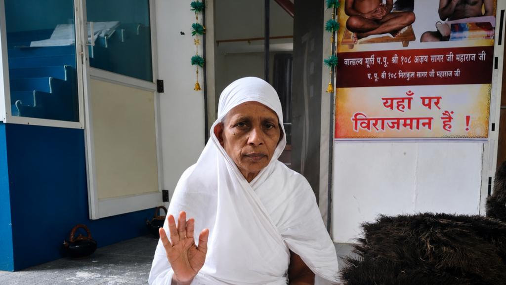 Elderly woman in white headscarf seated indoors, raising her right hand in a greeting gesture.
