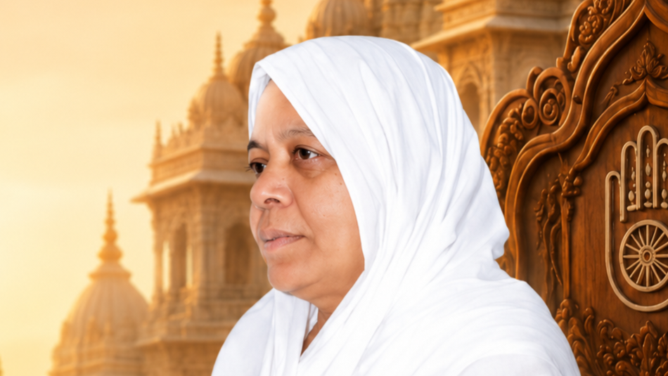 Woman in a white headscarf with ornate temple architecture in the background, looking to the side.