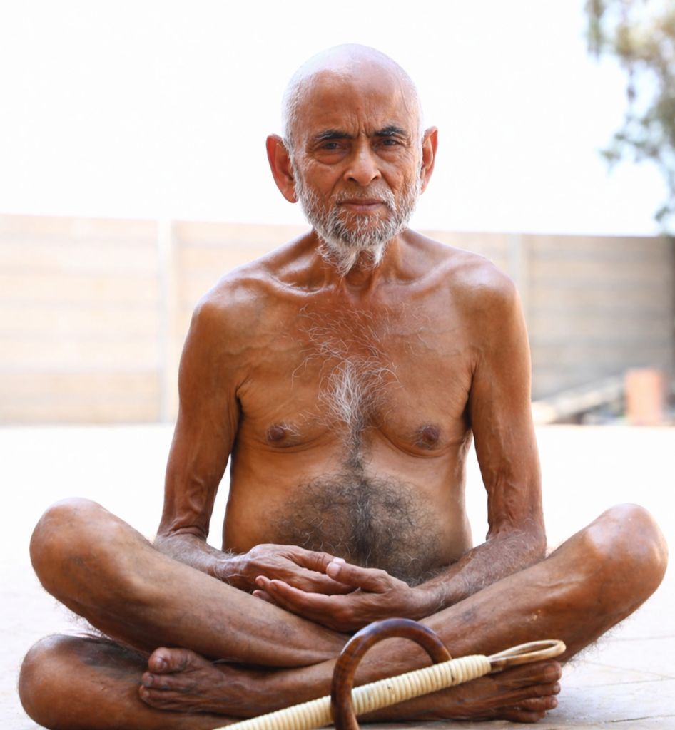 Older man with a gray beard sits cross-legged outdoors in a meditative pose, shirtless, holding a wooden staff.