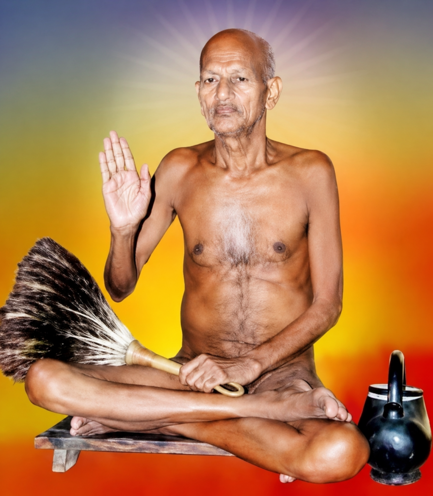 Older man sitting cross‑legged, topless, raising right hand in blessing; broom in lap and a kettle nearby against a colorful gradient background.