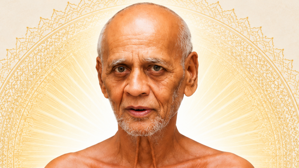 Portrait of an elderly man with a bald head and white beard, set against a radiant gold halo and mandala background.