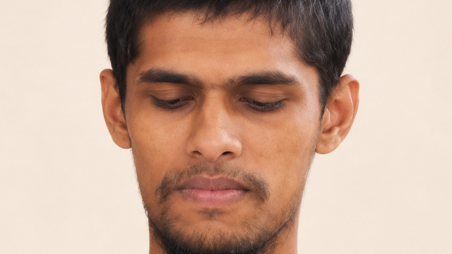 Close-up of a man looking downward with a neutral expression, short dark hair and light stubble against a beige background.