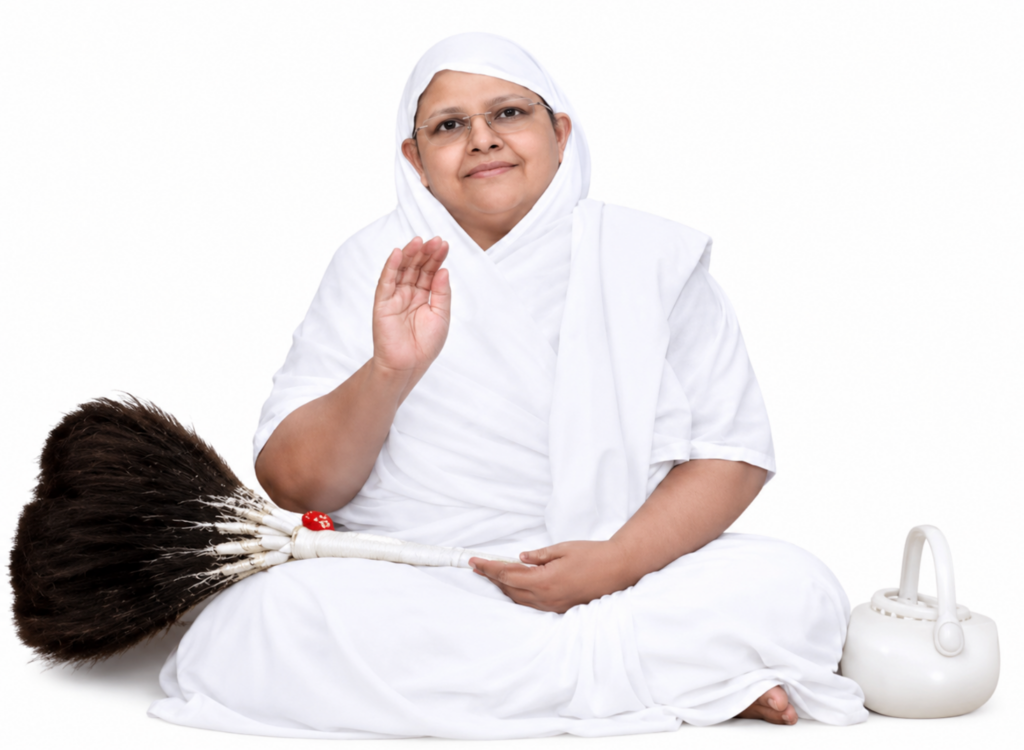 Person in white robes sits cross-legged, waving hello, with a broom resting beside and a white kettle nearby.