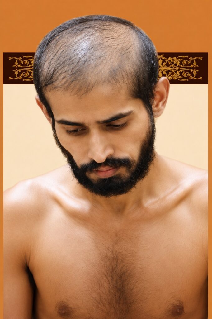 Close-up of a shirtless man with thinning hair on top and a full beard, looking downward against an orange background.