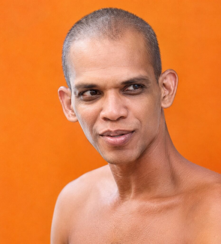 Close-up portrait of a shirtless man with a buzz cut, looking to the right, against a bright orange background.