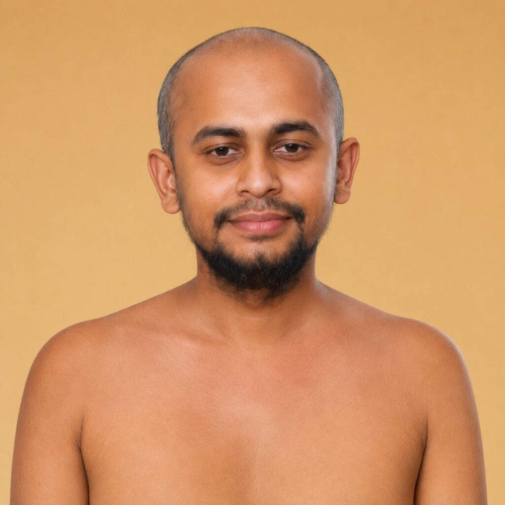 Portrait of a bald man with a short beard, looking at the camera against a warm beige background.