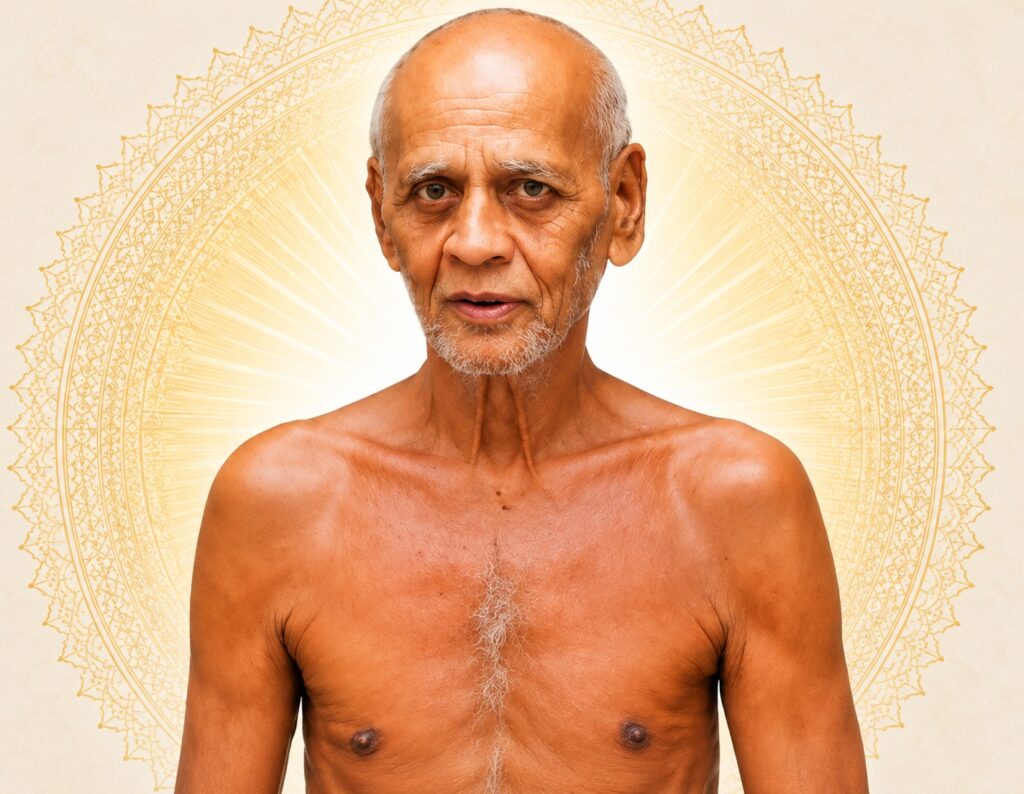 Older man with a white beard, shirtless, centered before a glowing golden mandala background.