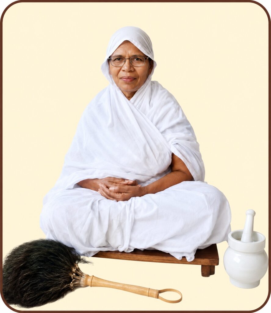 Elderly woman in white robes sits cross-legged on a bench, meditating, with a mortar and pestle nearby.