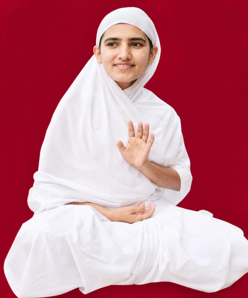 Young person in white robes meditating with one hand raised, against a red background.
