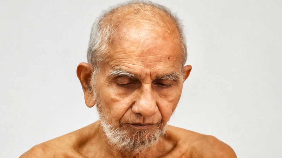 Portrait of an elderly man with a gray beard and eyes closed, bare shoulders visible, neutral background.
