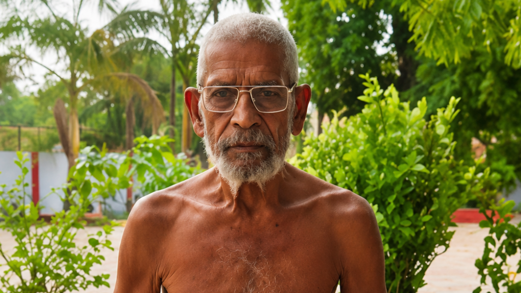 Older man with gray beard and glasses shirtless in a tropical garden setting