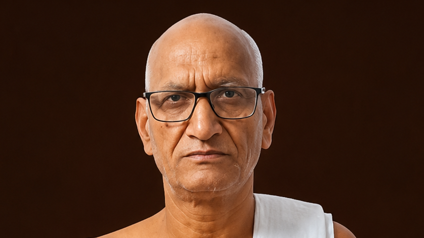 Portrait of a bald man with rectangular glasses, wearing a white robe against a dark background, looking straight ahead.