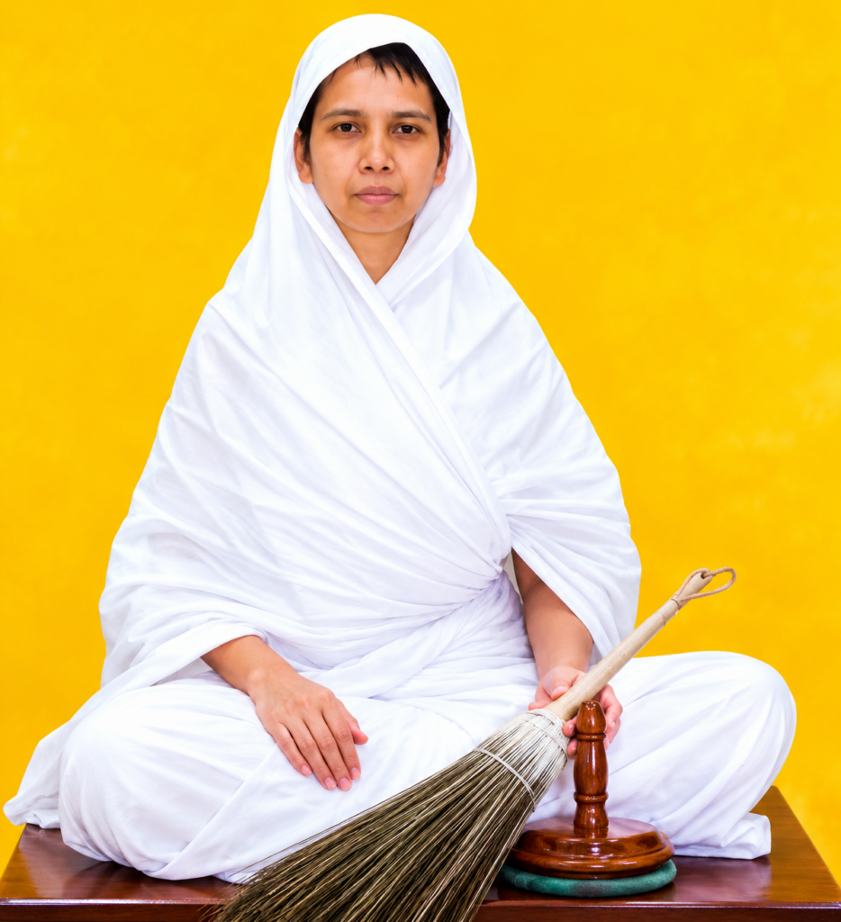 Woman in white robes and head covering sits cross-legged on a wooden surface, holding a broom against a bright yellow background.