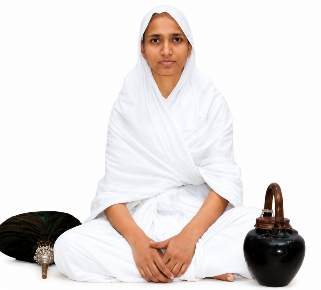 Woman in white robes sits cross-legged with hands in lap; a black ceramic pot stands to her right and a decorative feathered fan lies to her left.