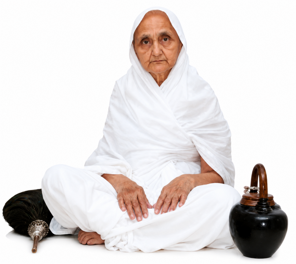 Older woman in a white traditional gown sits cross-legged with hands resting on her lap, a black kettle beside her on a white studio backdrop.